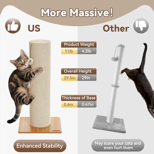 KAMABOKO 29.5" Cat Scratching Post, 7.5" Ultra-Large Diameter Natural Sisal Cat Scratch Post, Scratch-Resistant Tall Cat Scratcher for Indoor Cats, Protect Your Furniture, Beige, Pack of 1 - size: 1