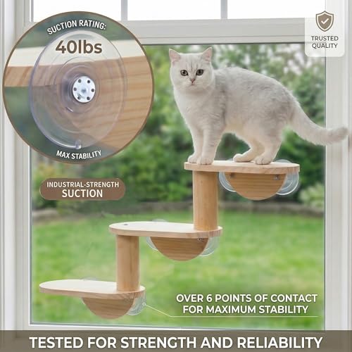 Cat Window Ladder, 3-Level Solid Pine Steps for Climbing and Bird Watching