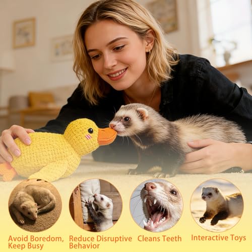 Calming Duck Squeaker Toy for Ferrets, New Interactive Yellow Duck Ferret Toy to Play with, Soft Stuffed Plush Ducks Ferret Toys and Enrichment with Quacking Sound for Ferret Keep Busy