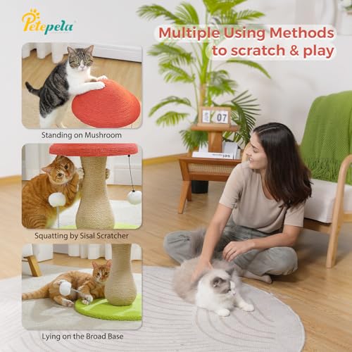 PETEPELA Mushroom Cat Scratching Post, 100% Sisal Cute Cat Scratcher, Pink - color: Red