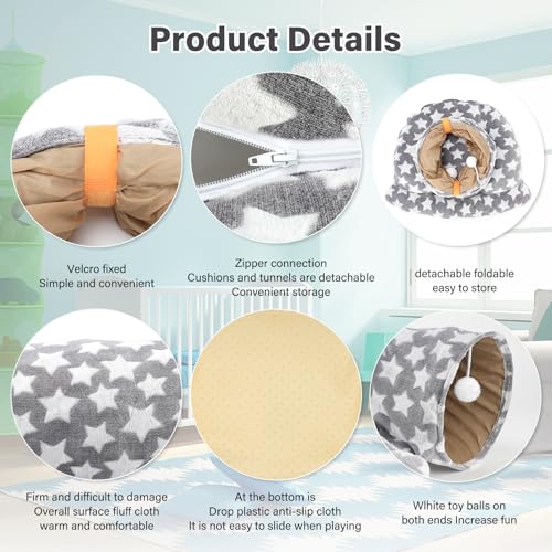 BWOGUE Bunny Tunnel Bed, 2-in-1 Collapsible Rabbit Tunnel Hideout with Mat - color: Greystar