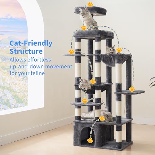 Heybly Cat Tree, 71-Inch Tall Cat Tower for Large Maine Coon Cats HCT037G - color: Smoky Gray, size: XL