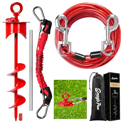 Snagle Paw Dog Tie Out Cable and Stake with Lock-Cap,Heavy Duty 30FT Dog Yard Leash & Stake with Shock Absorbing Bungee Tether,Rust Proof Ground Anchor for Yard, Beach, Camping & Outdoor,up to 360 Lbs - color: Red, 17in Stake (30ft Cable)