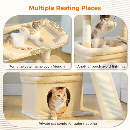 PEQULTI Small Cat Tree Tower for Indoor Cats with Large Perch, Beige - color: Beige, size: L Plus(19.3"L x 12.2"W)