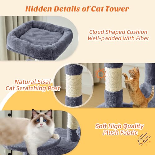 DUMOS 44 in Cat Tree Tower with Natural Sisal Scratching Posts - color: Dark Grey, size: 43.6Inch