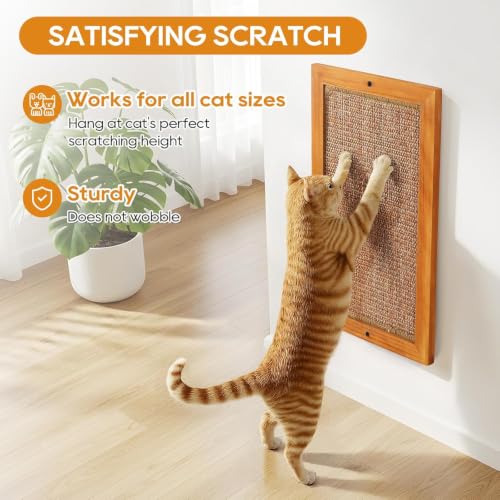Wooden Sisal Cat Scratching Post, Wall & Floor Mount Vertical Cat Scratch Pad for Indoor Kittens Adult Cats, Durable Cat Wall Scratcher Furniture Protector Cat Toy