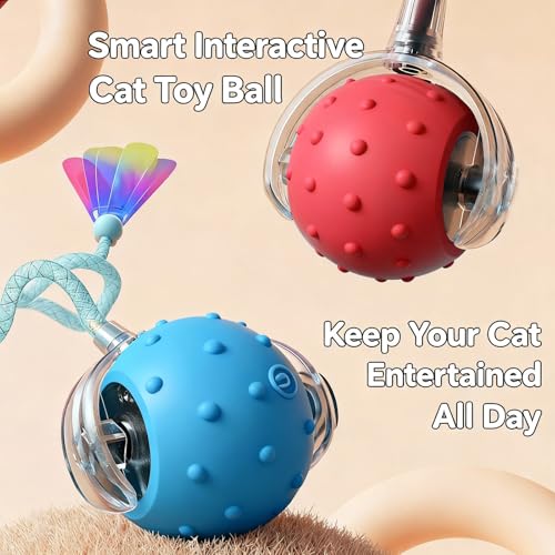 2 Pack Interactive Cat Toy, Auto Chirping Balls, 6 Tails, Indoor Self Play - color: P02 Red+Blue