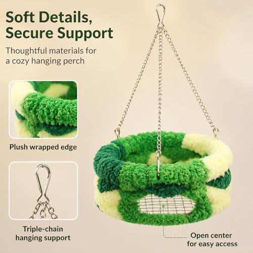 Bird Nest Hammock,Plush Hanging Bird Bed Swing Basket,Cozy Bird Cage Accessories for Parakeet,Budgie, Cockatiel, Lovebird,Finch,Small Pet Resting Spot,1 Pack（Green）