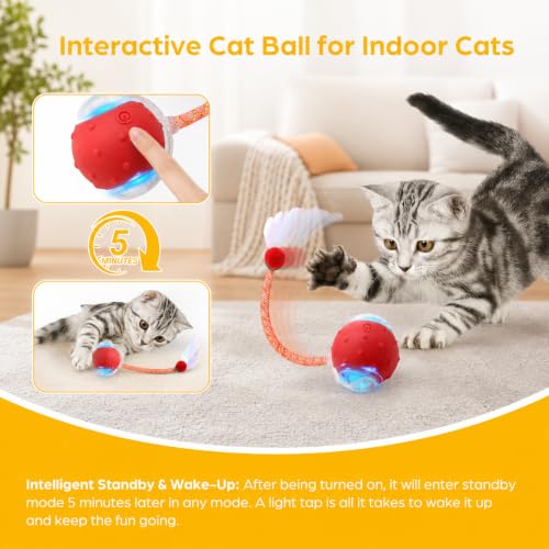Interactive Cat Toy Ball,3 Speed Modes Moving Cat Toy Balls,Automatic Rolling Rechargeable Cat Toy for Indoor Cats Bored Adult & Kittens-Red - color: Red