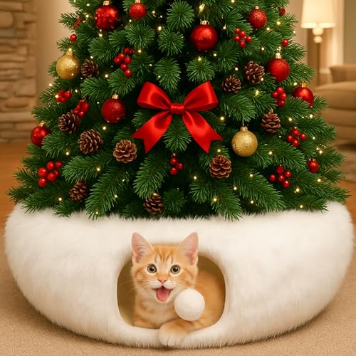Hollowfly Christmas Cat Bed Tunnel 3ft x 3ft x 9.8in Under Tree Cat Donut Tunnels for Indoor Kittens Xmas Winter Plush Peekaboo Cave Toy Collapsible 3 Way for Small Kitty(Fluffy) - style: Fluffy