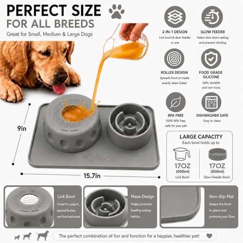 2 in 1 Silicone Slow Feeder Dog Bowl & Lick Bowl,Pet Feeding Bowl - color: Gray