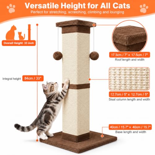 SOCATER Cat Scratching Post 33 Inch Nature Sisal Cat Scratch Post for Indoor Cats, Large Cat Scratcher Protect Your Furniture, for All Breeds Brown - color: Brown