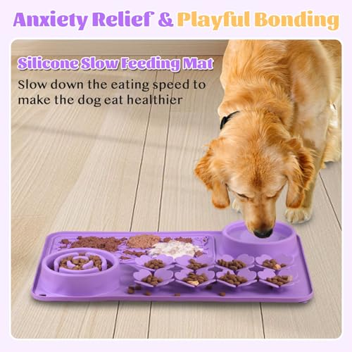 Silicone Lick Mat for Dogs & Cats – Slow Feeder Dog Bowl, Non-Slip Licking Mat for Large & Small Breeds, Puzzle Feeder & Snuffle Mat for Fast Eaters, Interactive Pet Food Mat with Measuring Spoon - color: Purple With Spoon