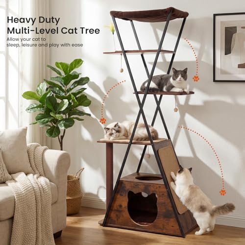 71" Modern Wood Cat Tree for Large Cats - Heavy Duty Tall Cat Tower for Indoor Cats, Multi-Level Cat Furniture with Spacious Condo, Large Perch, Scratching Posts & Hammock (Brown) - color: brown