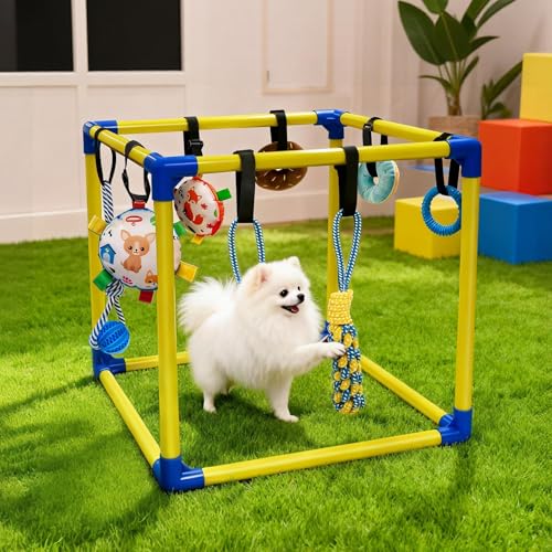 Puppy Play Gym with 8 Hanging Toys, Indoor Activity Gym for Small Dog with Enrichment Interactive Toy Adjustable PVC Frame Training Activity Center Puppies Entertainment, Teething (Yellow)