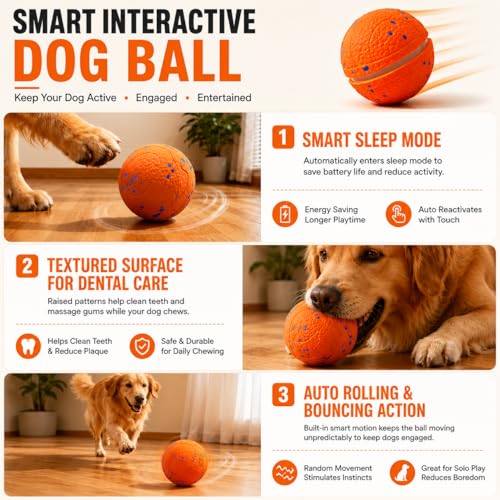 Automatic Interactive Dog Ball, Self-Moving Rechargeable Toy, 2 Modes