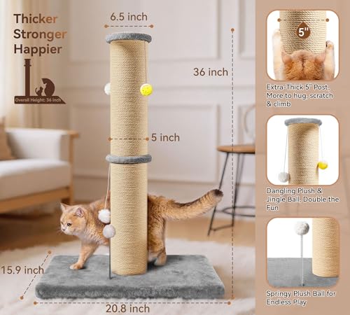 5-Inch Thick Sisal Cat Scratching Post, 36" Tall Tower, Gray - color: Gray Upgrade