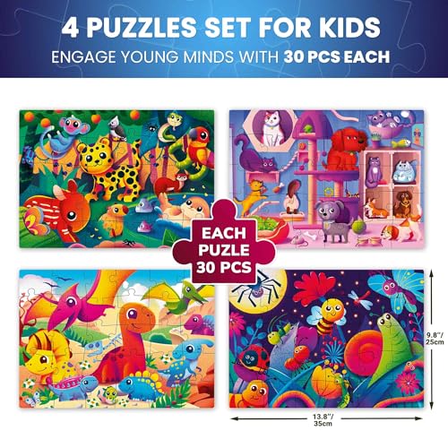 30 Pieces Puzzles for Kids Ages 3-5 – 4 Jigsaw Toddler Puzzles Ages 4-6 - color: Dinosaur & Animals