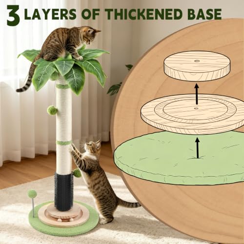 39.4'' Tall Cat Scratching Post,3.5 Inch Wide Sisal Cat Scratcher Tree with Leaves,Interactive Cat Toys for Indoor - color: green-39.4inch