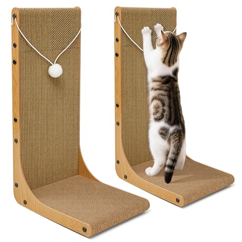 Value 2-Pack 23.6 Inch L-Shaped Cardboard Cat Scratcher, Dual Use (Vert/Horiz) Scratch Pad with Toy Balls, Wall-Mountable Furniture Protector Cat Scratchers for Indoor Cats - size: 23.6 Inch 2- Pack