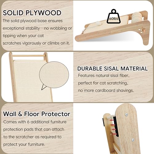 Cat Scratcher for Indoor Cats, Sisal Cat Scratching Board with 3 Sisal Scratch Balls, Solid Wood Cat Scratchers Pad Ramp, L-Shaped Cat Scratching Post