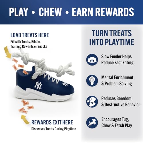 Pets First MLB New York Yankees Cleat Sneaker Spike Dog Toy, Baseball Treat Dispenser Chew Toy for Dogs, Interactive Rope Tug Toy, Slow Feeder Natural Rubber Dog Toy with Official Team Logo - color: New York Yankees