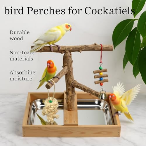 Bird Perch Stand, Natural Wood Bird Perch Stand, Wooden Parrot Perch Stand Fork Toys Hanging Multi-Branch Rope Perch Platform Hammock Swing Toy Chewing Stick Cage Accessories - color: Style B