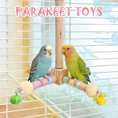 2 Pcs Parakeet Toys with 9 Inch Hanging Perch & 7.8 Inch Wooden Swing,Wooden Bird Cage Accessories to Relieve Boredom and Anxiety,Excellent for Parrots, Budgies, Cockatiels and Other Pet Birds