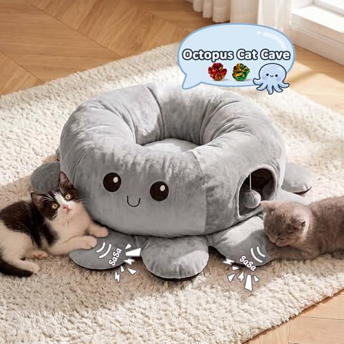 Cat Tunnel Bed for Indoor Cats, Peekaboo Cat Cave Bed, Grey - color: Grey
