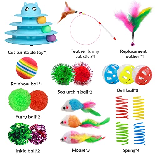 UPSKY 20 PCS Cat Toys Set with Teaser, Mice, Spring, and Various Ball Toys - color: B-Blue