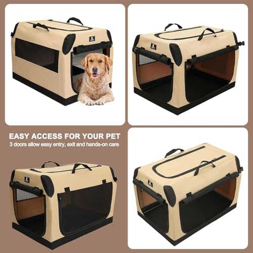 X-ZONE PET 3-Door Portable Soft-Sided Folding Soft Dog Travel Crate Collapsible Pet Kennel,XX-Large, 40 x 27 x 27 Inches,Tan - size: 40.0"L x 27.0"W x 27.0"H