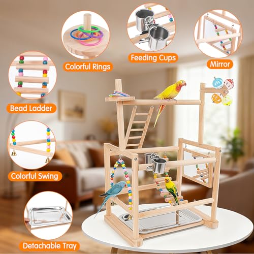 Bird Playground, 3 Tier Bird Perch Stand Parrot Playground Bird Tree with Parakeet Toys, Bird Ladder & Swing, Feeder Cups, Parakeet Mirror, and Removable Tray for Small to Medium Birds - size: 3 Tier