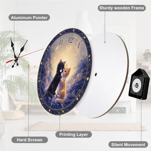 Two Cats Embrace Under a Starry Sky with a Heart-Shaped Moon. Round Wooden Wall Clock - color: Color12580, size: 11.8x11.8in