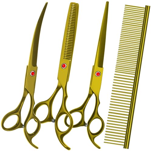 Dog Grooming Scissors Kit, Premium Stainless Steel Dog Shears with Curved Shears, Sharp Durable for Dogs Cats+Gold 4 Piece - color: Gold 4 Piece