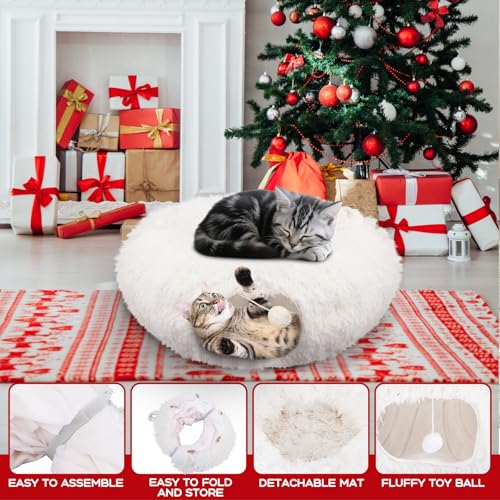 Hollowfly Christmas Cat Bed Tunnel 3ft x 3ft x 9.8in Under Tree Cat Donut Tunnels for Indoor Kittens Xmas Winter Plush Peekaboo Cave Toy Collapsible 3 Way for Small Kitty(Fluffy) - style: Fluffy