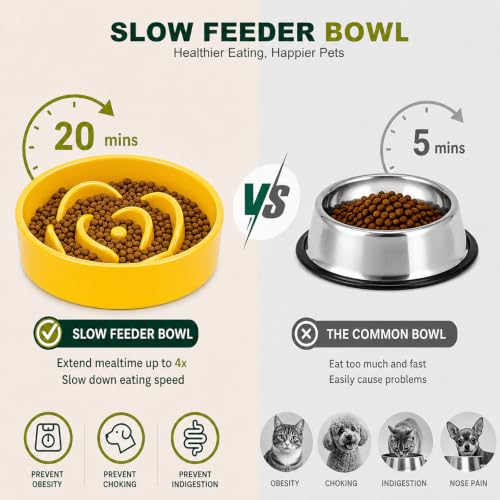 Ceramic Slow Feeder Dog Bowls with Raised Stand, 0.9 Cups Elevated Slow Feeding Bowl for Small Dogs and Cats, Non-Slip Pet Food Dish Helps Reduce Gulping and Bloating - color: Yellow, size: 5.1 inch