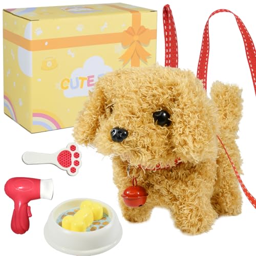 Plush Toys Walking Dog Toys that Can Walk, Bark and Wag Tail,Interactive Electronic Pet Toys Puppy with Leash,Easter Christmas Birthday Gift for Toddlers Kids - color: Teddy Dog