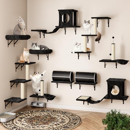 14-in-1 Cat Wall Shelves, Wall Mounted Cat Shelves, Space Saving, Black - color: Black, size: 14Pcs