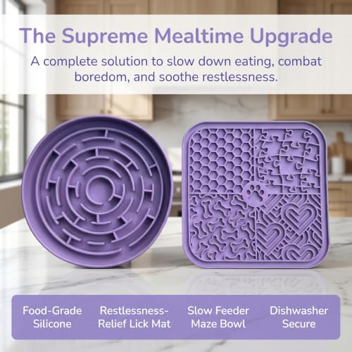 YCT Dog Cat Lick Mat and Slow Feeder Bowl Set, Thickened Food Grade Silicone with Strong Suction Cups, Anxiety Relief Calming Lick Pad for Bathing Grooming Training - color: Purple