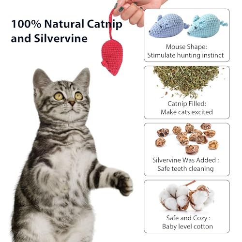 Catnip Toys Crochet Mouse, 6 Pcs Yarn Cat Nip Mice Safe Teeth Cleaning Chew Toy for Indoor Kittens Kitty, Adult Cats Interactive Catnip Cat Kicker Toys Anxiety Relief - size: 6pcs