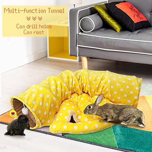 BWOGUE Bunny Tunnel Bed, 2-in-1 Collapsible Rabbit Tunnel Hideout with Mat - color: Yellow
