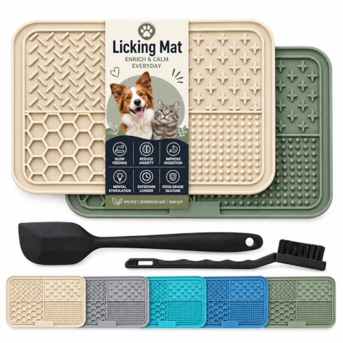 Dog Lick Mat for Dogs & Cats, 2 Pack Silicone Lick Pad with Strong Suction Cups, Slow Feeder Mat for Bathing, Grooming, Anxiety Relief, Peanut Butter, Wet Food & Treats - color: Beige+Green