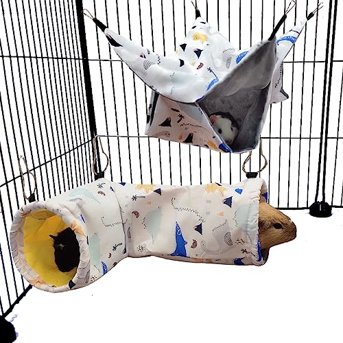 Large Caliber Guinea Pig & Rat Tunnel Hideout & Hammock, Corner Hideout Toy for Guinea Pig, Ferret, Hedgehog & Piggy to Hide and Shuttle (1. Hammock&Tunnel-Dinosaur) - color: 1. Hammock&Tunnel-dinosaur