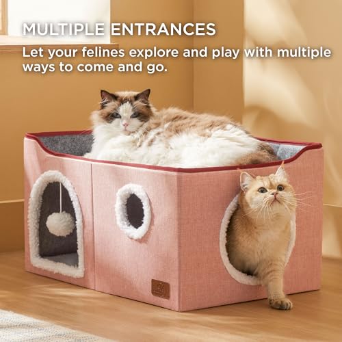 Bedsure Extra Wide Cat House Bed with Fluffy Ball and Scratch Pad,Pink - color: Pink, size: Widen