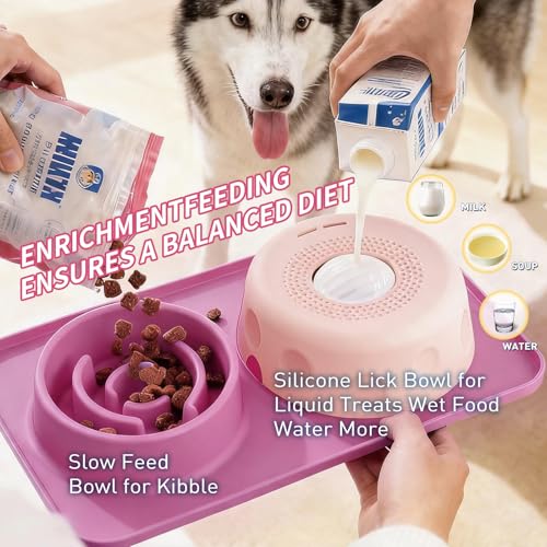 2-in-1 Dog Lick Bowl with Rolling Ball & Slow Feeder Down Slow Eating Speed - color: Pink