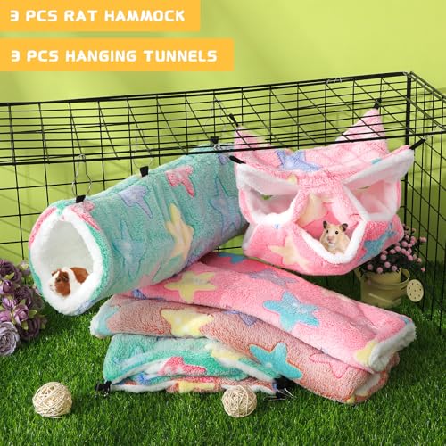 Sweetude 6 Pcs Rat Hammock Set Ferret Hanging Tunnel 3 Tier Guinea Pig Hammocks Hideout Soft Chinchilla Bed for Cage Accessories Hide,Play and Sleep(Dreamy,Star) - color: Dreamy