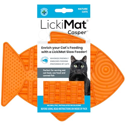 LickiMat Casper, Fish-Shaped Cat Slow Feeders Lick Mat, Boredom Anxiety Reducer; Perfect for Food, Treats, Yogurt, or Peanut Butter. Fun Alternative to a Slow Feed Cat Bowl or Dish, Orange