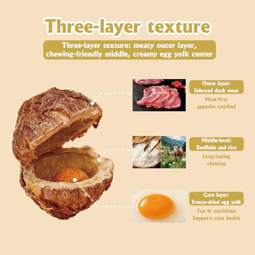 Dog Treats Balls, 2Pcs Duck Wrapped Rawhide Balls,Egg Yolk Center,200g+