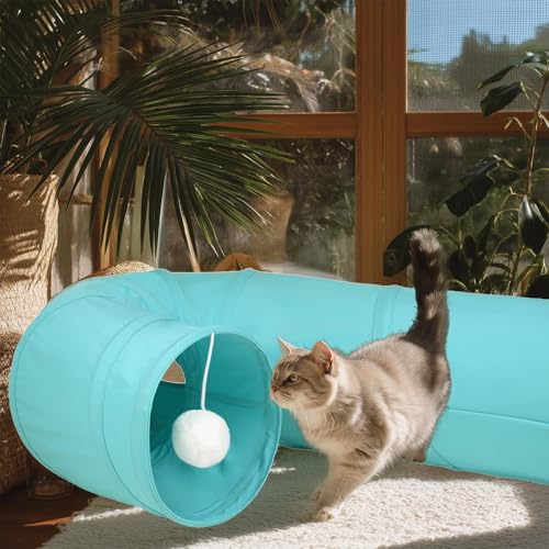 Cat Tunnel, 2-Way Collapsible Cat Tube with Interactive Peek-A-Boo Hole, Toy Ball, and Rope – Ideal for Indoor Cats, Kittens, and Rabbits (Light Blue) - color: light blue