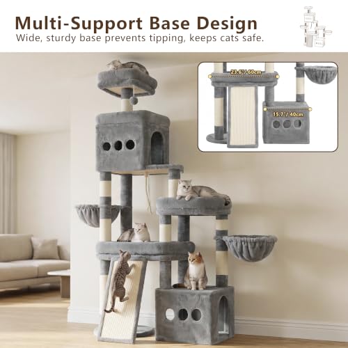 Heybly Cat Tree 72.4-Inch Anti-Tip Cat Tower with Spacious Perches HCT060W - color: Light Gray